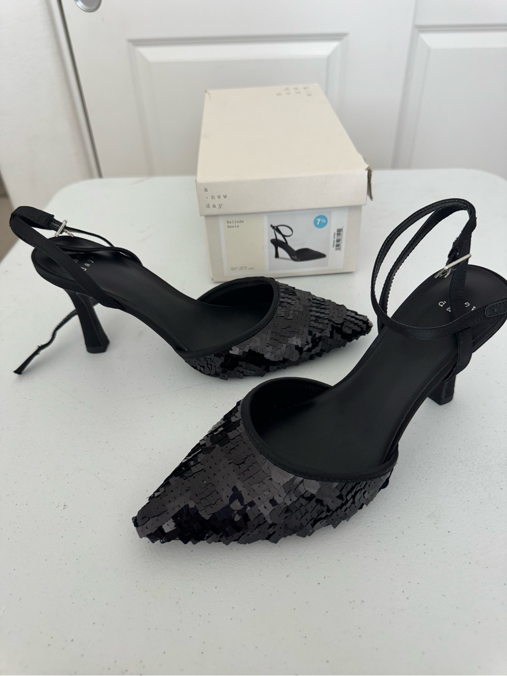 a new day Black Sequin Pointed Slingback Heels